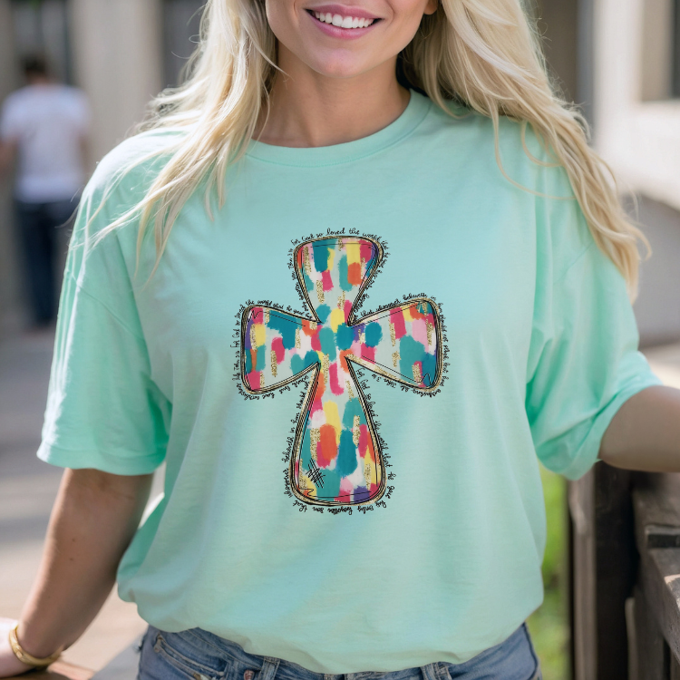 Women’s For God So Loved the World Watercolor Cross T-Shirt