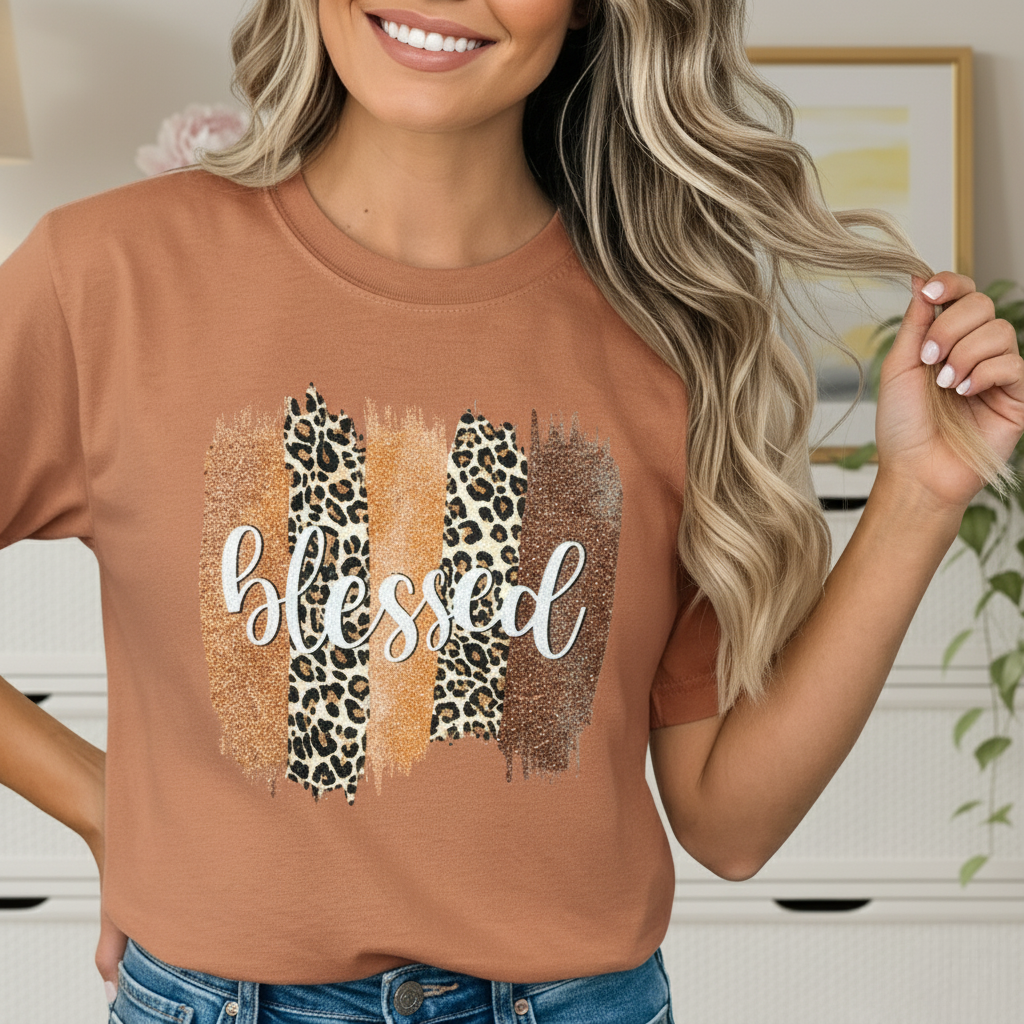 Woman wearing a brown t-shirt with 'blessed' and leopard print design.