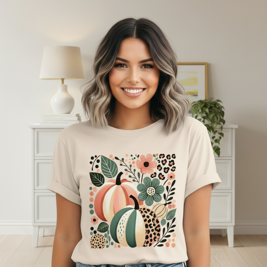 Woman wearing a beige t-shirt with a colorful pumpkin and floral design in a room.