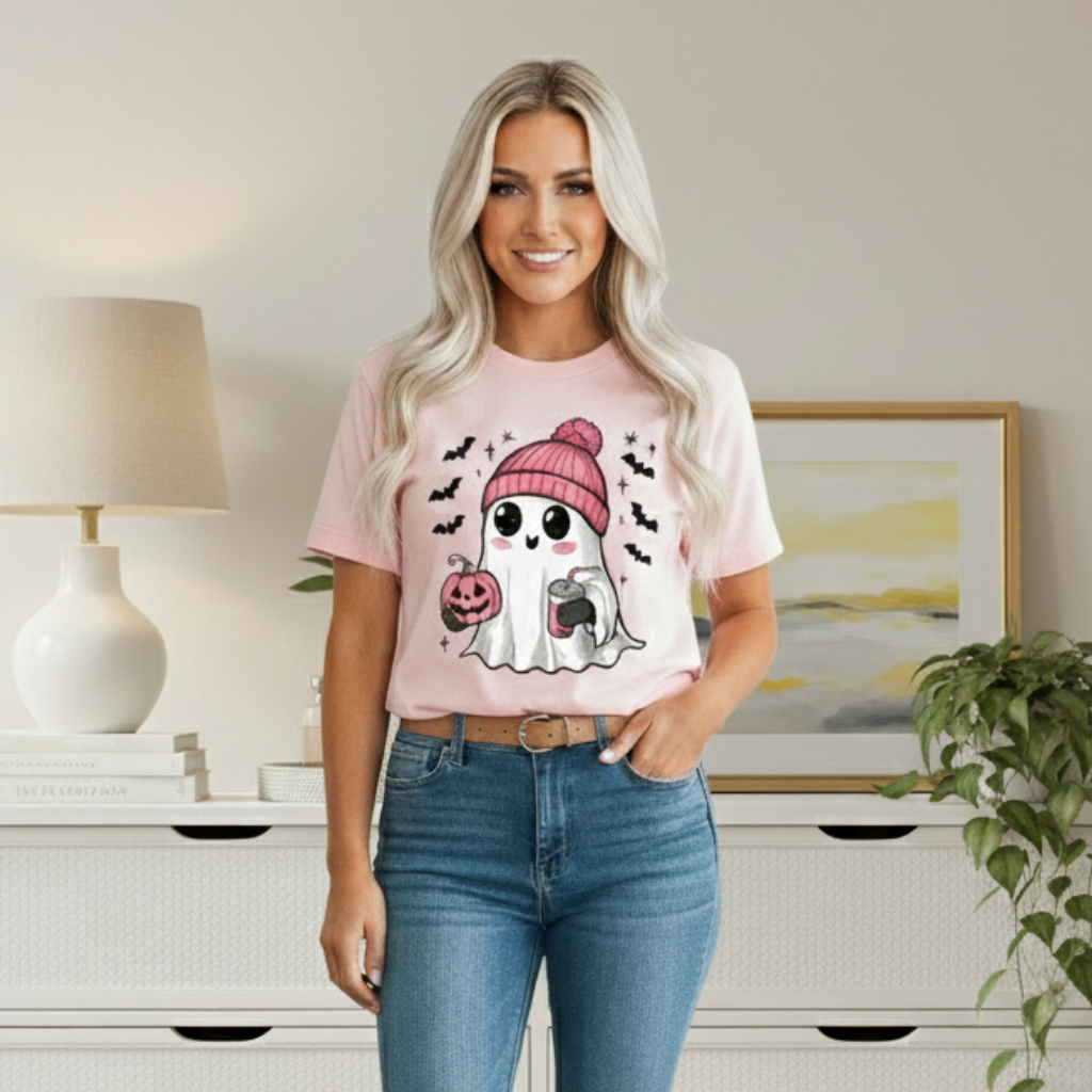 Woman wearing a pink t-shirt with a ghost and pumpkin design, standing in a room with a lamp and painting.