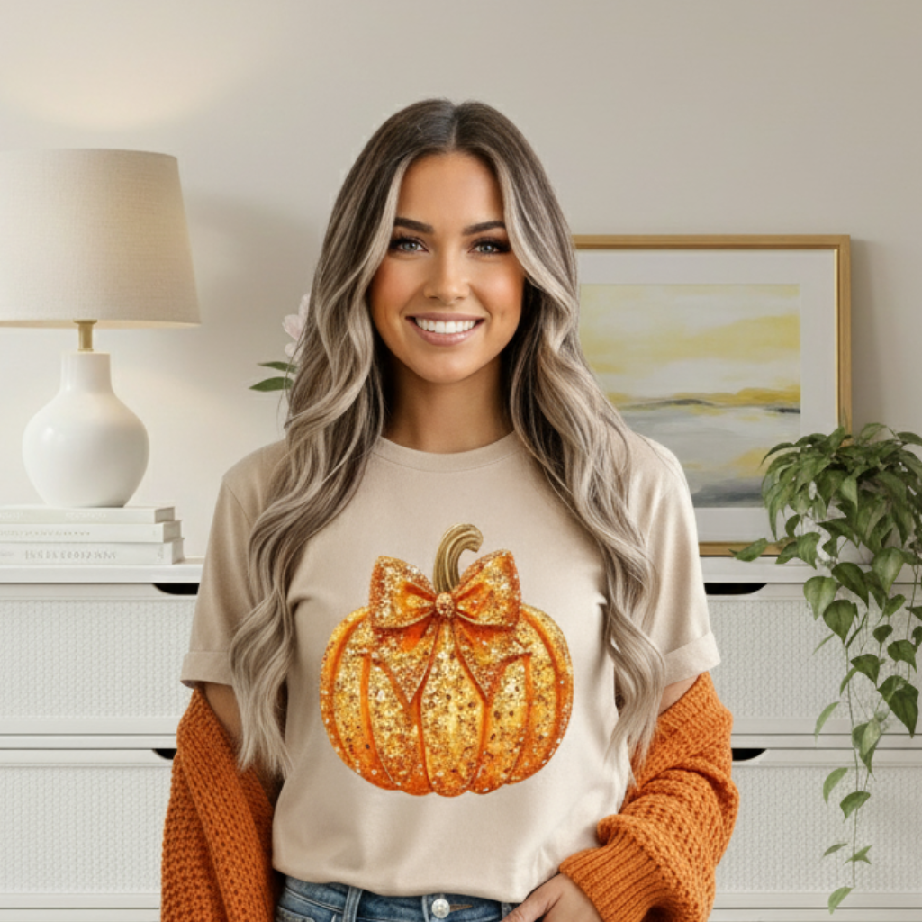 Woman wearing a beige sweater with a pumpkin design in a home setting