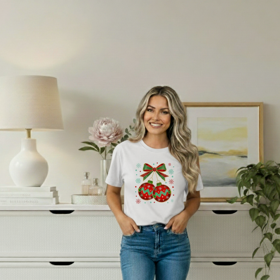 Woman wearing a white t-shirt with a graphic design, standing in a room with decor elements.