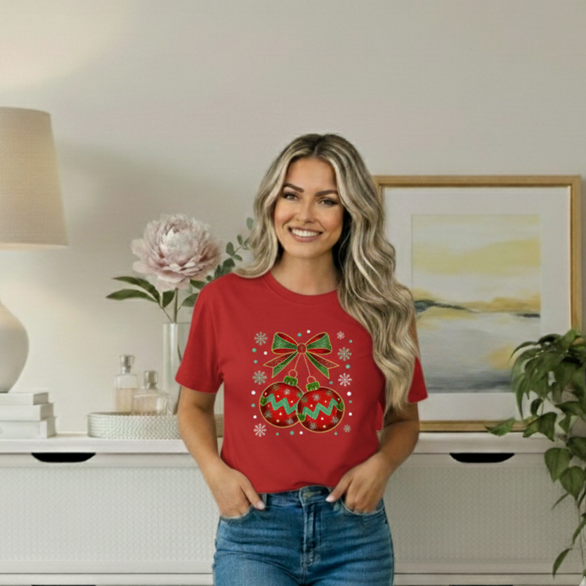 Woman wearing a red t-shirt with a festive design in a home setting