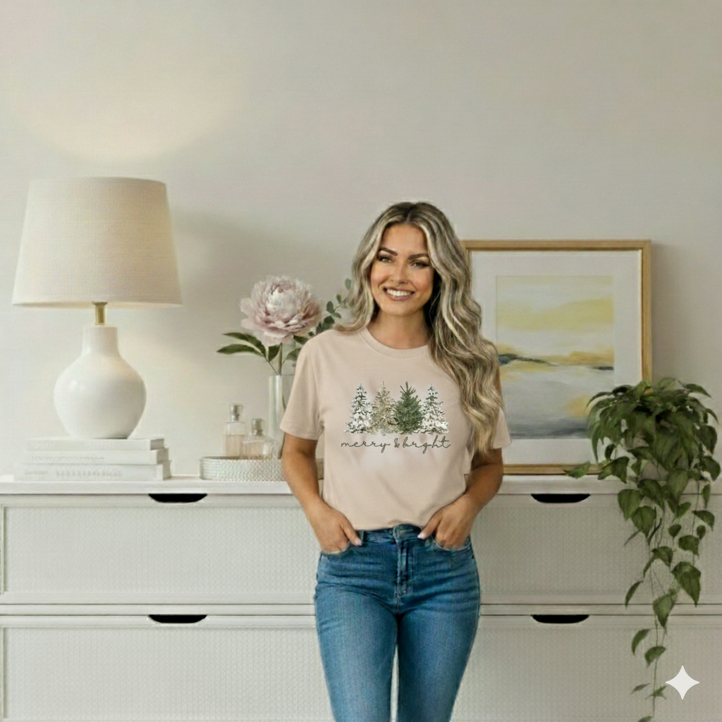 Woman wearing a beige t-shirt with Christmas tree design and 'Merry Bright' text, standing in a room with a white dresser and decor.