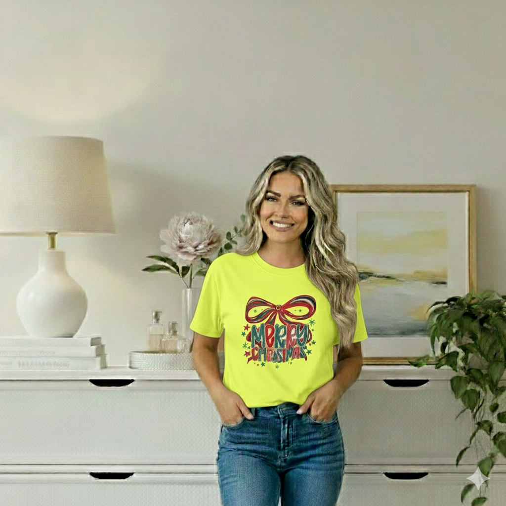Woman wearing a bright yellow t-shirt with colorful text and graphics, standing in a room with a lamp and painting in the background.