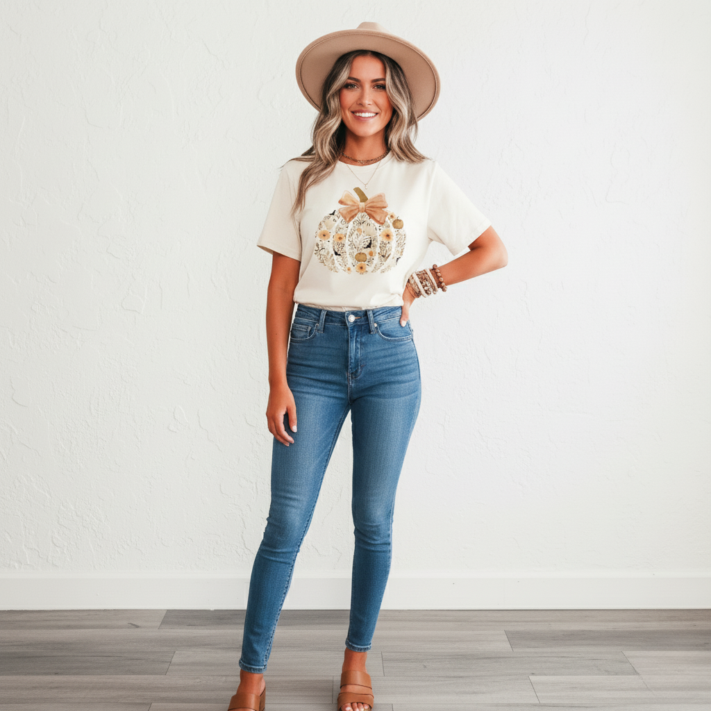 Floral Pumpkin & Ghost Bow Graphic Tee - Women's Fall Harvest Shirt