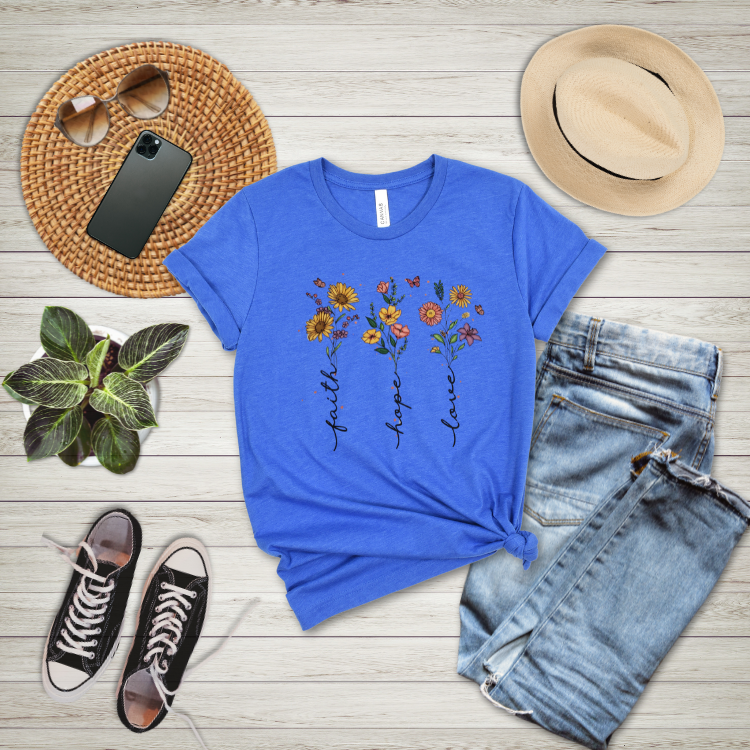Women’s Faith Hope Love Flowers T-Shirt