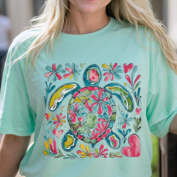 Women’s Floral Heart Sea Turtle T-Shirt