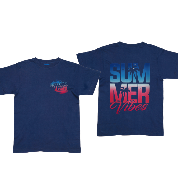 Navy blue t-shirt with 'Summer Vibes' text and palm tree design on a white background